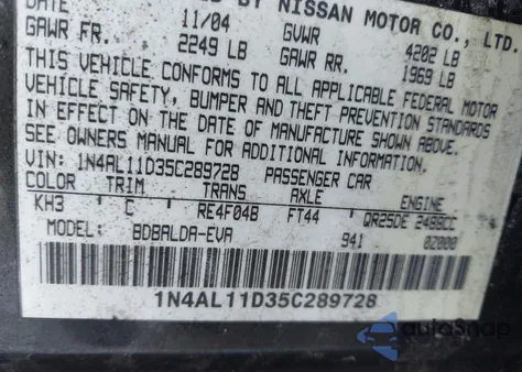 2005 Nissan Altima 2.5 S z USA, uszkodzony, nr VIN 1N4AL11D35C289728